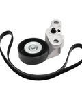 Chevy GMC Air Conditioning Serpentine Drive Belt Tensioner Kit For Silverado Avalanche Suburban Tahoe Express Savana Sierra Yukon Cadillac Escalade 1999 2008 Replacement Replaces 90K 38159 Easy Install showing tensioner and belt
