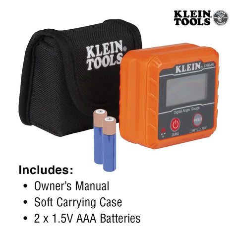 Klein Tools 935DAG digital angle gauge in orange with display; includes owner's manual, soft case, two AAA batteries.