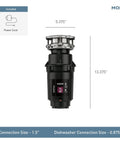 Lite Series Pro Compact Continuous Feed Garbage Disposal For Kitchen Sink With Power Cord 1900 RPM, product dimensions shown.