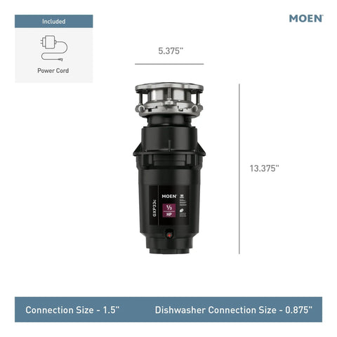 Lite Series Pro Compact Continuous Feed Garbage Disposal For Kitchen Sink With Power Cord 1900 RPM, product dimensions shown.