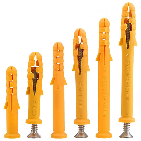 Yellow Plastic Wall Anchor Kit With 304 Stainless Self Tapping Screws And Wall Plugs, 6mm to 10mm anchor sizes variety