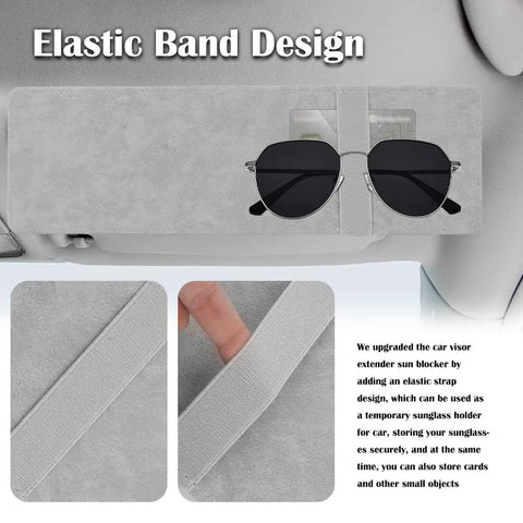 Elastic Sun Visor Extender With Built In Sunglass Holder And Double Clip For Cars Anti Glare Shield attached to car visor inside view