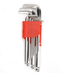 Heavy Duty Hex Key Set With Nine Durable Chrome Vanadium Wrenches Perfect For DIY Repairs And Home Workshop Jobs In All Sizes From Small To Large. Folded chrome vanadium hex key set in red holder, assorted sizes