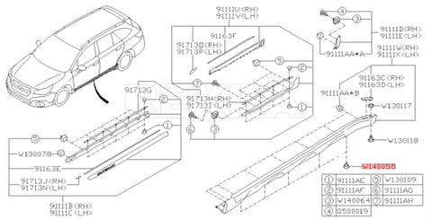 Side-view diagram of Subaru rocker molding with push-type retainer and sealer, pack of 10