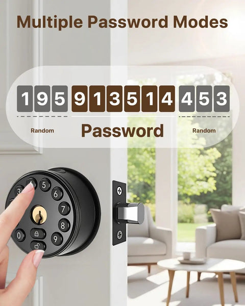 Legit Smart Fingerprint Door Lock With Keypad And Wireless App Control For Next Level Home Safety Holds Two Hundred Personal Codes One Hundred Fingerprints And Backup Keys For Totally Stress Free Daily Use showing keypad options.