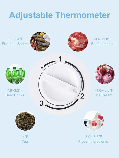 Adjustable thermometer dial showing temperature ranges for various foods around a Sleek 3.2 Cu Ft Upright Mini Freezer With Adjustable Removable Shelves And Dope Silver Cabinet.