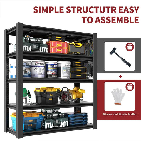 Beast Mode Heavy Duty 5 Tier Garage Shelving, 2000 Lbs Rock Solid Metal Storage Rack With Two Pegboards, Adjustable Utility Shelves For Shop And Warehouse, Black Frame filled with tools and storage boxes.