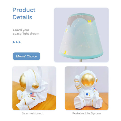 Golden Astronaut Kids Table Lamp With Barrel Lampshade, showing spaceman figurine and starry night lampshade.