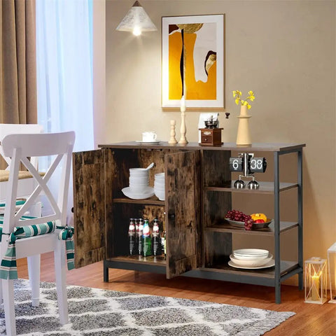 Rock Solid Two Door Industrial Kitchen Storage Cabinet Vintage Sideboard With Adjustable Steel Shelves And Secure Magnetic Catches For Cozy Home Organization with open doors revealing dishes.