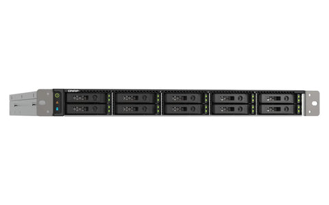 Top Shelf 10 Bay 1U Rackmount NAS With Dual AMD Epyc CPUs U2 U3 NVMe All Flash Storage and Hella Fast 25Gb E Ports front view showing ten NVMe bays.