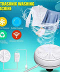Portable Mini Washing Machine With Real Ultrasonic Power Foldable 3 In 1 Compact Setup for Travel and Small Spaces, showing clothes in whirlpool water.