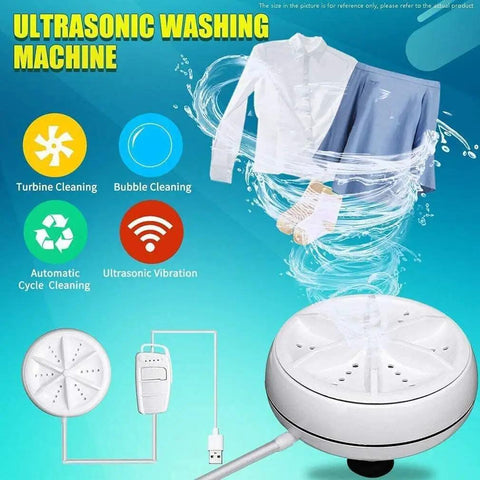 Portable Mini Washing Machine With Real Ultrasonic Power Foldable 3 In 1 Compact Setup for Travel and Small Spaces, showing clothes in whirlpool water.