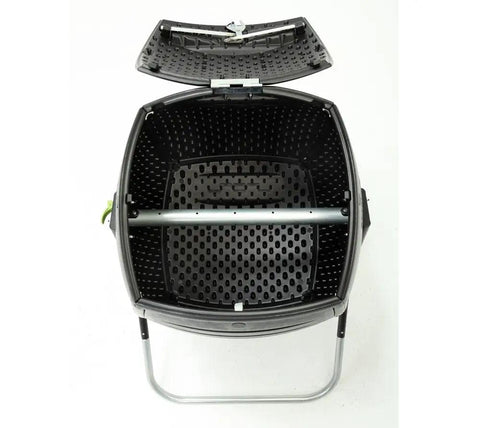 Open 50 Gallon Compost Tumbler In Black No Fuss Easy Spin Barrel with visible perforated interior for aeration and composting.
