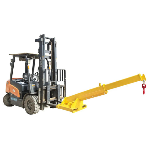 Rock Solid 8800Lb Manual Telescopic Forklift Jib Boom Crane attached to a forklift with a yellow extending arm.