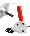 Metal Nibbler Drill Attachment For Sheet Metal Cutting Turn Your Drill Into An Electric Shear, red handle, close-up on attachment point