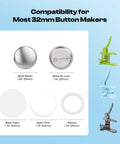 Components of 200 PCS 32mm Button Maker Supplies Kit with metal blanks, pin backs, mylar films, papers, washers for DIY badges