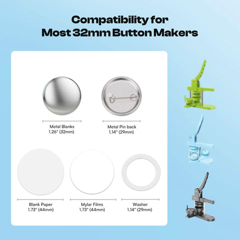 Components of 200 PCS 32mm Button Maker Supplies Kit with metal blanks, pin backs, mylar films, papers, washers for DIY badges