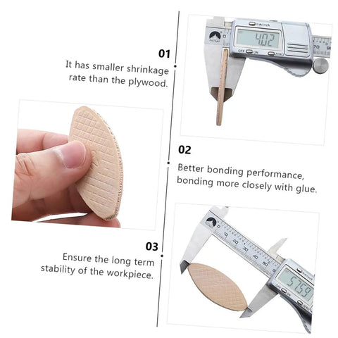 Beech Wood Biscuit Joining Set 100 Pcs Tenon Joint Tool Kit with caliper measurements and close-up of biscuit connector