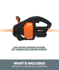 Side view of Nitro 20V Cordless Drain Auger With 25 Ft Cable, highlighting tool-only design and black-orange color scheme.