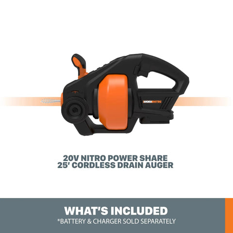 Side view of Nitro 20V Cordless Drain Auger With 25 Ft Cable, highlighting tool-only design and black-orange color scheme.