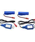 2-pack 3.7V 800mAh Li Ion rechargeable batteries with JST plug, USB cables for Huina RC construction trucks.