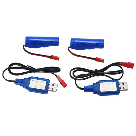 2-pack 3.7V 800mAh Li Ion rechargeable batteries with JST plug, USB cables for Huina RC construction trucks.