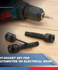Three Eighths Inch Drive Allen Socket Set, 7 Piece, 3 Inch Length, Impact Hex Bit Sockets on a wooden surface, drill visible