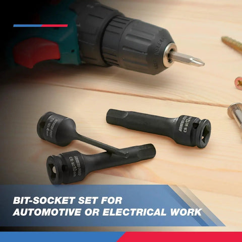 Three Eighths Inch Drive Allen Socket Set, 7 Piece, 3 Inch Length, Impact Hex Bit Sockets on a wooden surface, drill visible