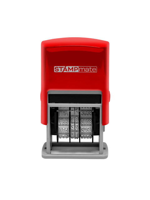 Top Shelf Self Inking Date Stamp With Adjustable Month Day Year Dial, compact red ink stamp for efficient office sorting.