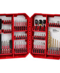 Milwaukee Shockwave 60-piece bit and drill bit kit in a red plastic case, front view