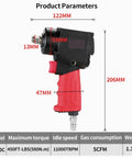 Top Shelf Air Impact Wrench Dishes Out A Smooth 580 Newton Meter Of Cranking Torque For Zero Sweat Bolt Loosening And Quick Rubber Swapping On Every Shop Workhorse Ride. Image showing dimensions and details of ergonomic handle.