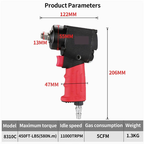 Top Shelf Air Impact Wrench Dishes Out A Smooth 580 Newton Meter Of Cranking Torque For Zero Sweat Bolt Loosening And Quick Rubber Swapping On Every Shop Workhorse Ride. Image showing dimensions and details of ergonomic handle.
