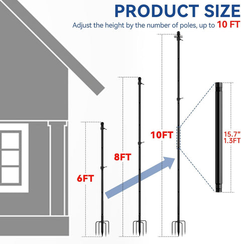10 Ft In Ground Flag Pole Kit With Five Prongs Base, showing adjustable height from 6 to 10 feet, built for outdoor use