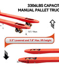 3300 lbs capacity manual pallet truck with 3.3" lowered and 7.8" max lift height, red metal forks for warehouse use.