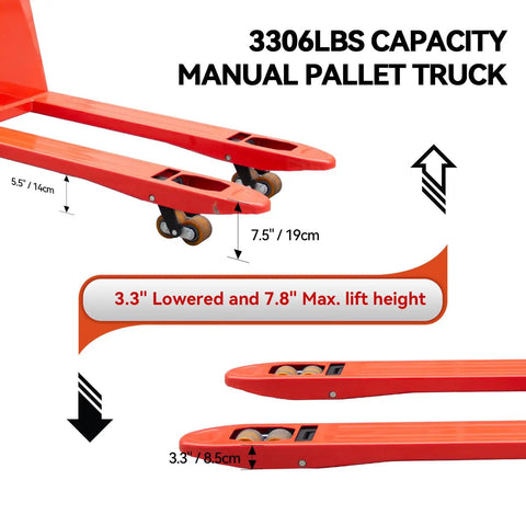 3300 lbs capacity manual pallet truck with 3.3" lowered and 7.8" max lift height, red metal forks for warehouse use.