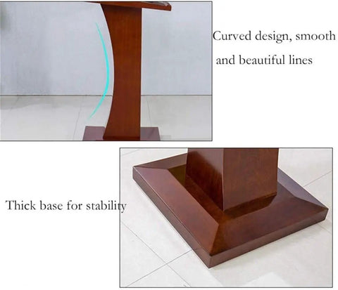 Heavy Duty Solid Wood Lecture Podium And Mobile Stand With Hella Roomy Workspace showing curved design and thick base for stability.