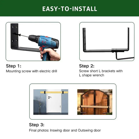 Installation steps for Adjustable Door Barricade Brackets For Inswing And Outswing Doors with drill and wrench
