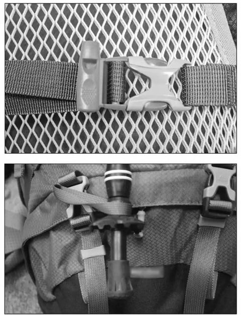 Close-up of straps and buckle on 40 Liter Mountaineer Backpack For Hiking And Camping Large Capacity Daypack With Waterproof Weatherproof Shell