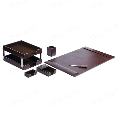 Dark Brown Bonded Leather 8 Piece Desk Accessory Set For Office Organization And Executive Decor With Scratch Resistant Velveteen Backed Blotter And Premium Leather Tray For That Boss Vibe