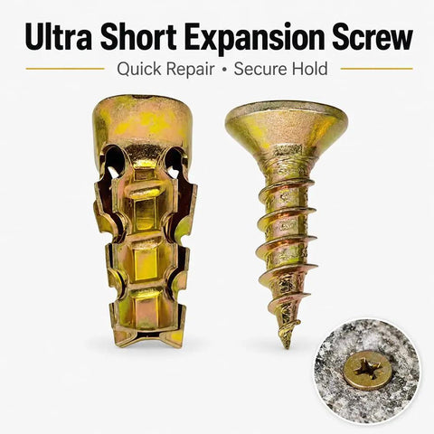 Close-up of 6x14mm Short Expansion Cabinet Hinge Repair Screws and Anchors Kit for Loose Holes and Shallow Holes, DIY Friendly, 50 Pack.