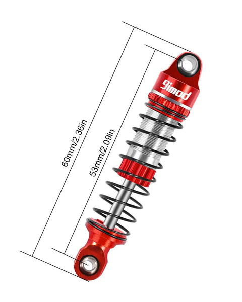 Red 53mm Aluminum Threaded Shock Absorbers Oil Damper For TRX4M TRX4MT RC Crawler with measurements and anodized finish