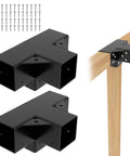 Heavy Duty 4x4 Pergola Bracket Kit with 4 Way Right Angle Elevated Wood Stand, galvanized steel, black powder coat, DIY hardware set.