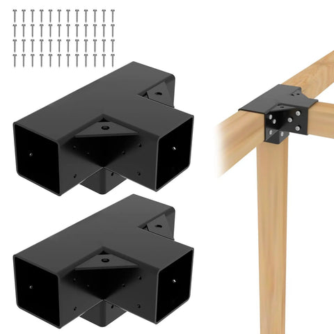 Heavy Duty 4x4 Pergola Bracket Kit with 4 Way Right Angle Elevated Wood Stand, galvanized steel, black powder coat, DIY hardware set.