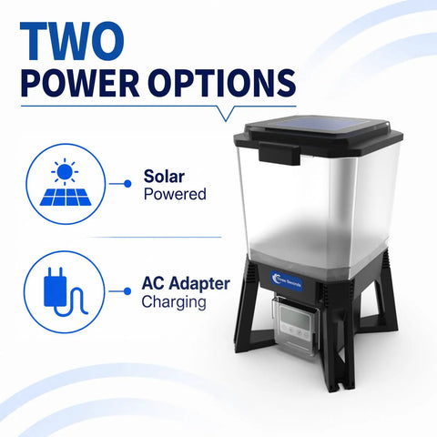 No Sweat Solar Automatic Fish Feeder For Outdoor Pond And Aquarium With Smarter Feeding Schedule Adjustable Timer and Dependable Performance For All Koi And Goldfish with solar panel and AC adapter options.