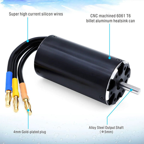 1850KV Brushless RC Boat Motor 3670 With 5mm Shaft Waterproof Water Cooling Jacket displayed with cables and aluminum body