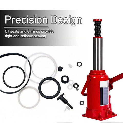 Score This Dope 17 Piece Bottle Jack Repair Kit For 3 Ton Hydraulic Vertical Lift With Ram Piston Pump Seals O Rings Gaskets And Bleed Screw For A Slick Straightforward Rebuild showing seals and O-rings with red hydraulic jack.