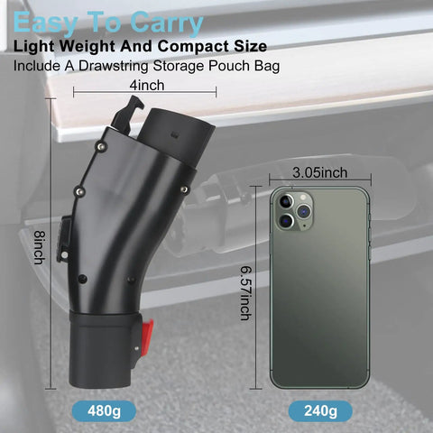 Tesla To J1772 Charging Adapter Connector, Max 60 Amp 250 Volt Electric Vehicle Converter beside an iPhone for size comparison.