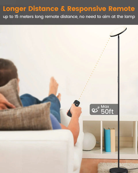 Person using remote for Lit 36W LED Floor Lamp With 3000LM Output, Tall Torchiere Standing Light, Four Color Temperatures