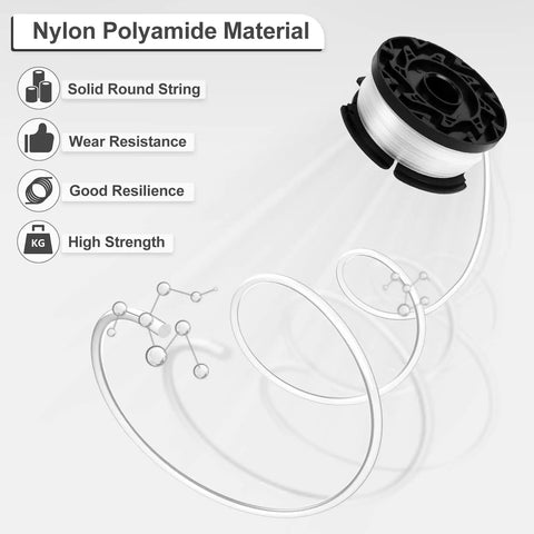 Close-up of black spool with nylon line, labeled nylon polyamide material, for Three Pack AF-100 Weed Eater String Replacement Line.
