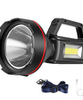 Ultra Bright Rechargeable Spotlight Flashlight With Shoulder Strap And USB Output For Emergency Prep Storms Hurricanes And Outages Long Lasting Battery Four Modes High Low Strobe Flood For Hunting Hiking Camping, black spotlight close-up with strap and USB cable